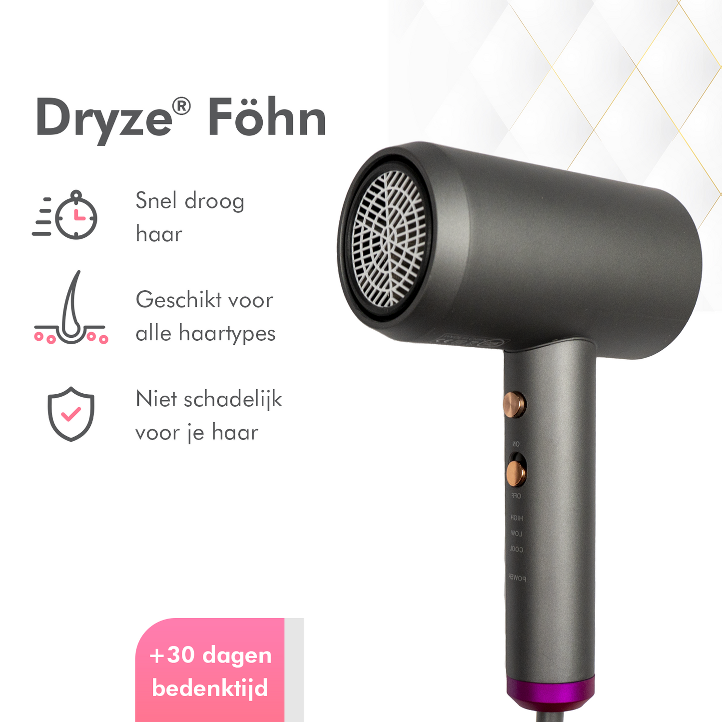 Dryze Föhn met diffuser en styling concentrator - Compacte reis föhn