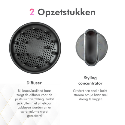 Dryze Föhn met diffuser en styling concentrator opzetstukken